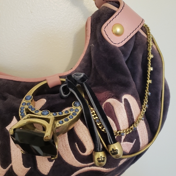Juicy Couture Rock Ring and Jewel Embellished Embroidered Violet Velour Hobo Bag - Picture 2 of 10